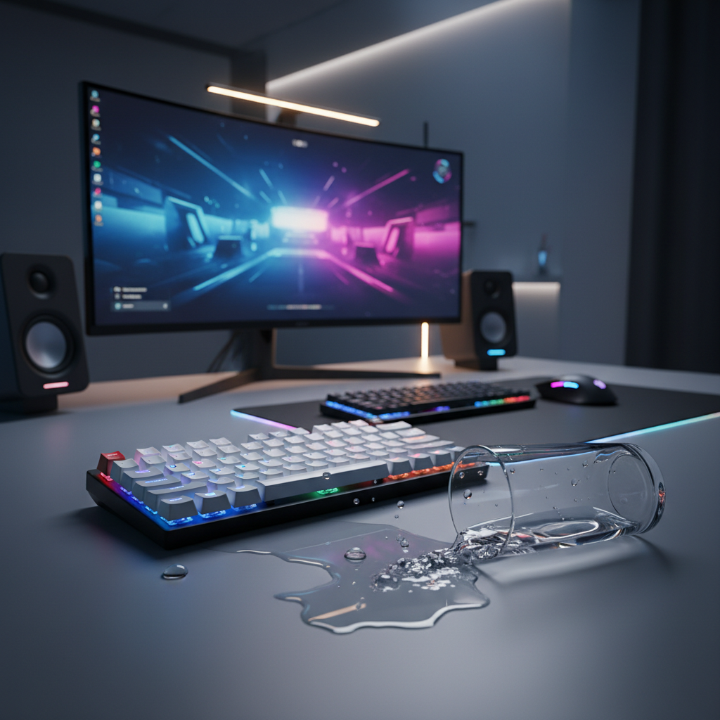 Spill-resistant gaming keyboard on a desk with a tipped water glass