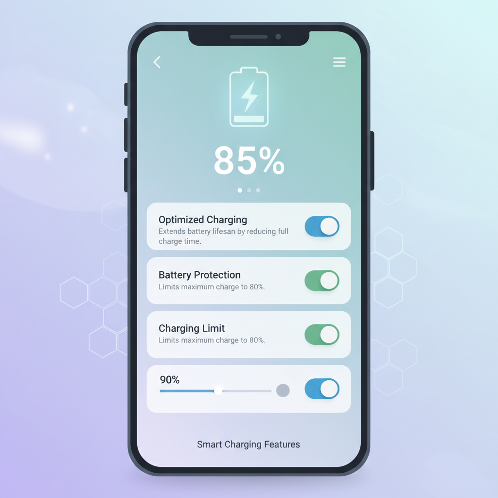 Phone battery charging settings screen showing optimized charging and battery protection options