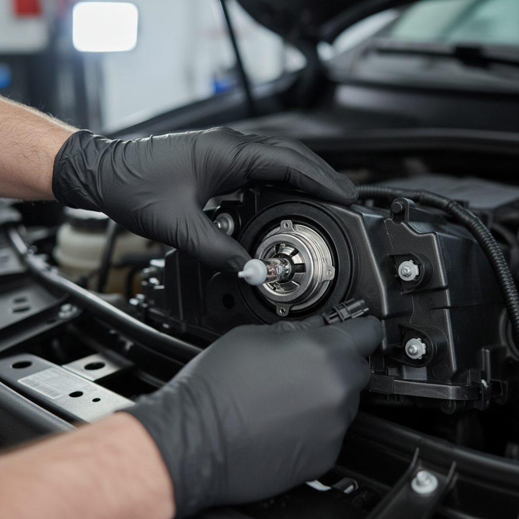 Proper HID bulb installation with gloves and correct seating in headlight housing
