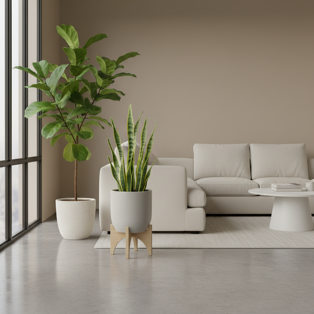 Living room corner with a tall floor plant, a plant stand, and clear walking space