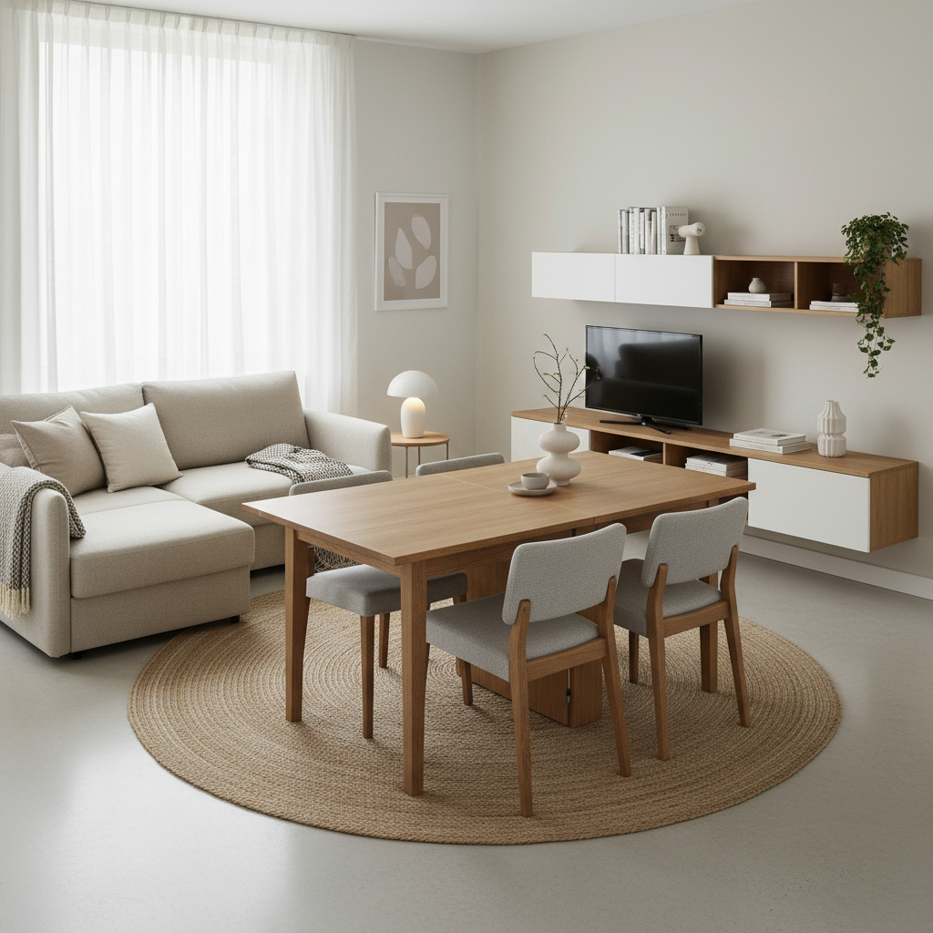 Modern extendable dining table in a small apartment living room