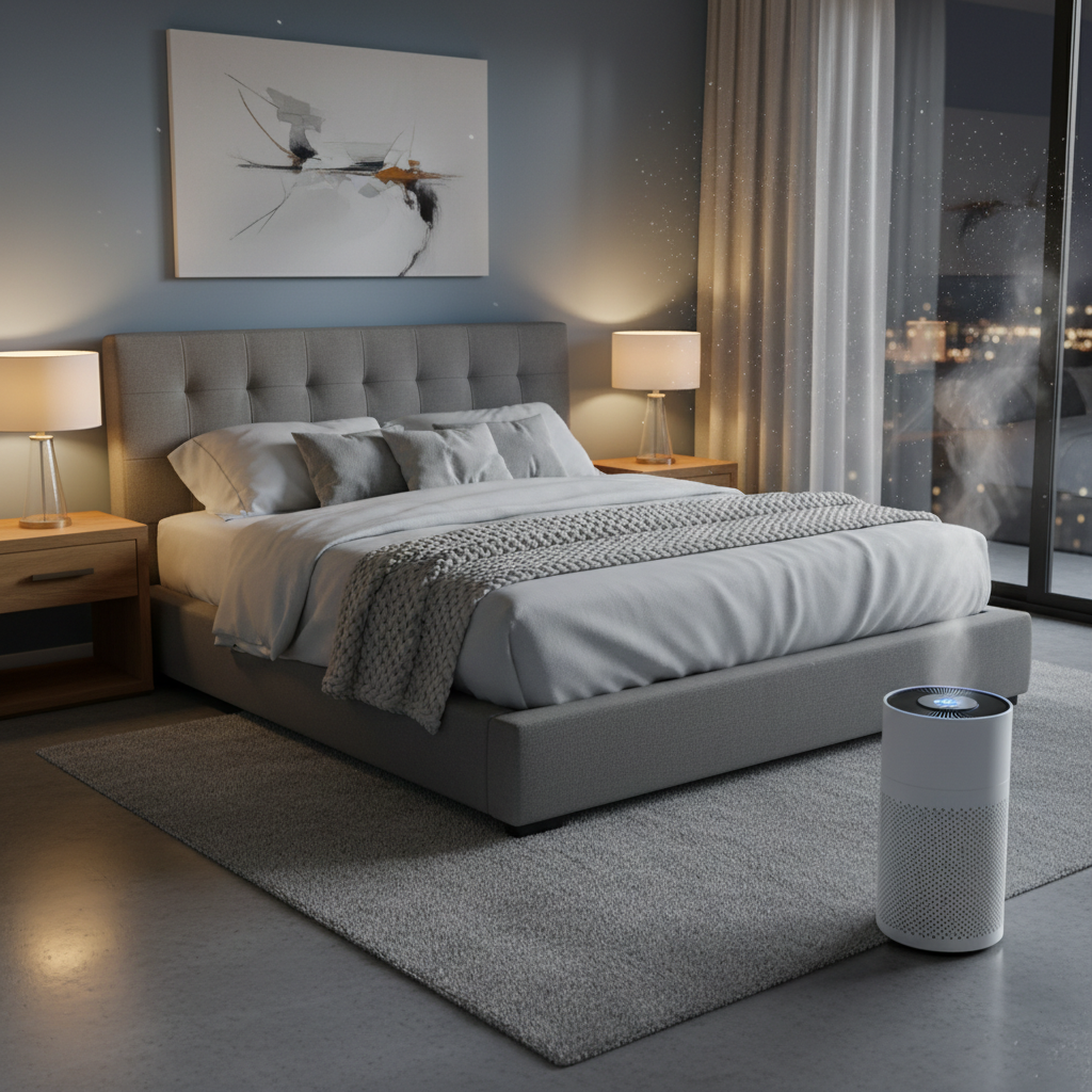 Air purifier placed at safe distance from bed with airflow not directed at sleeper