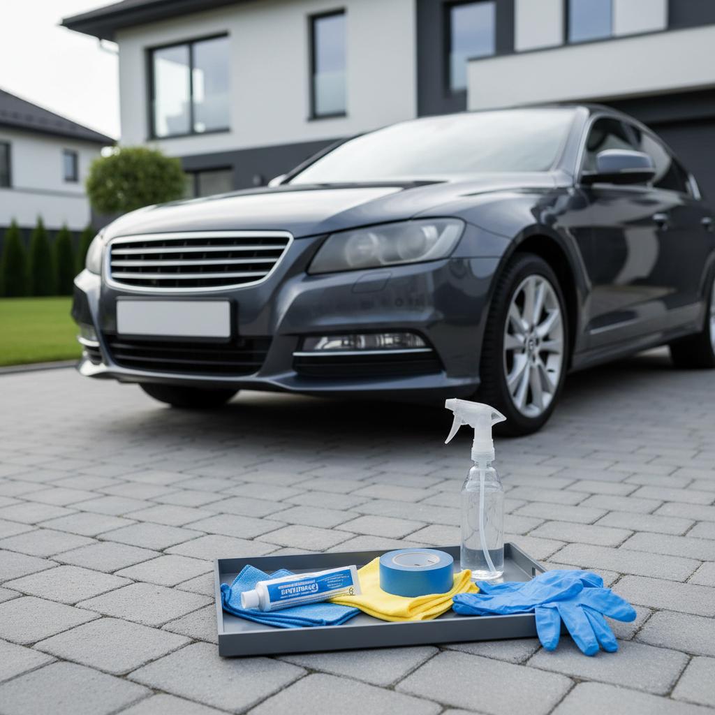 DIY toothpaste headlight cleaning setup on a driveway