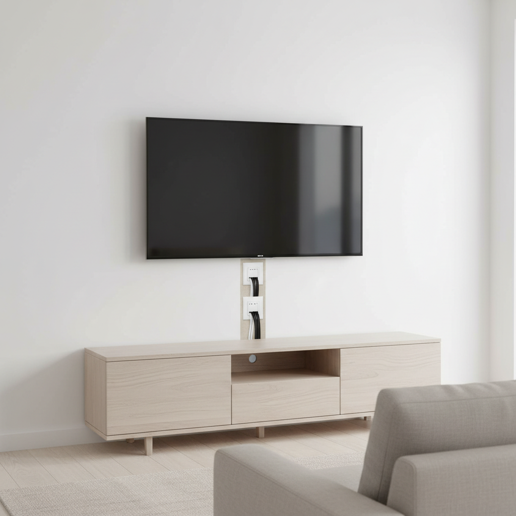 In-wall TV cable management kit with wall plates and hidden wiring path behind drywall