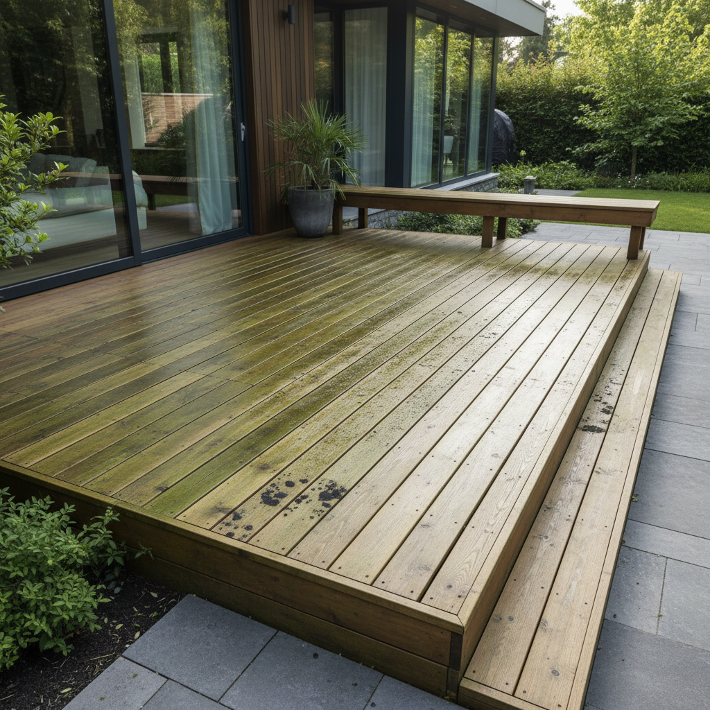 Mold and algae buildup on a wooden deck in a shaded area