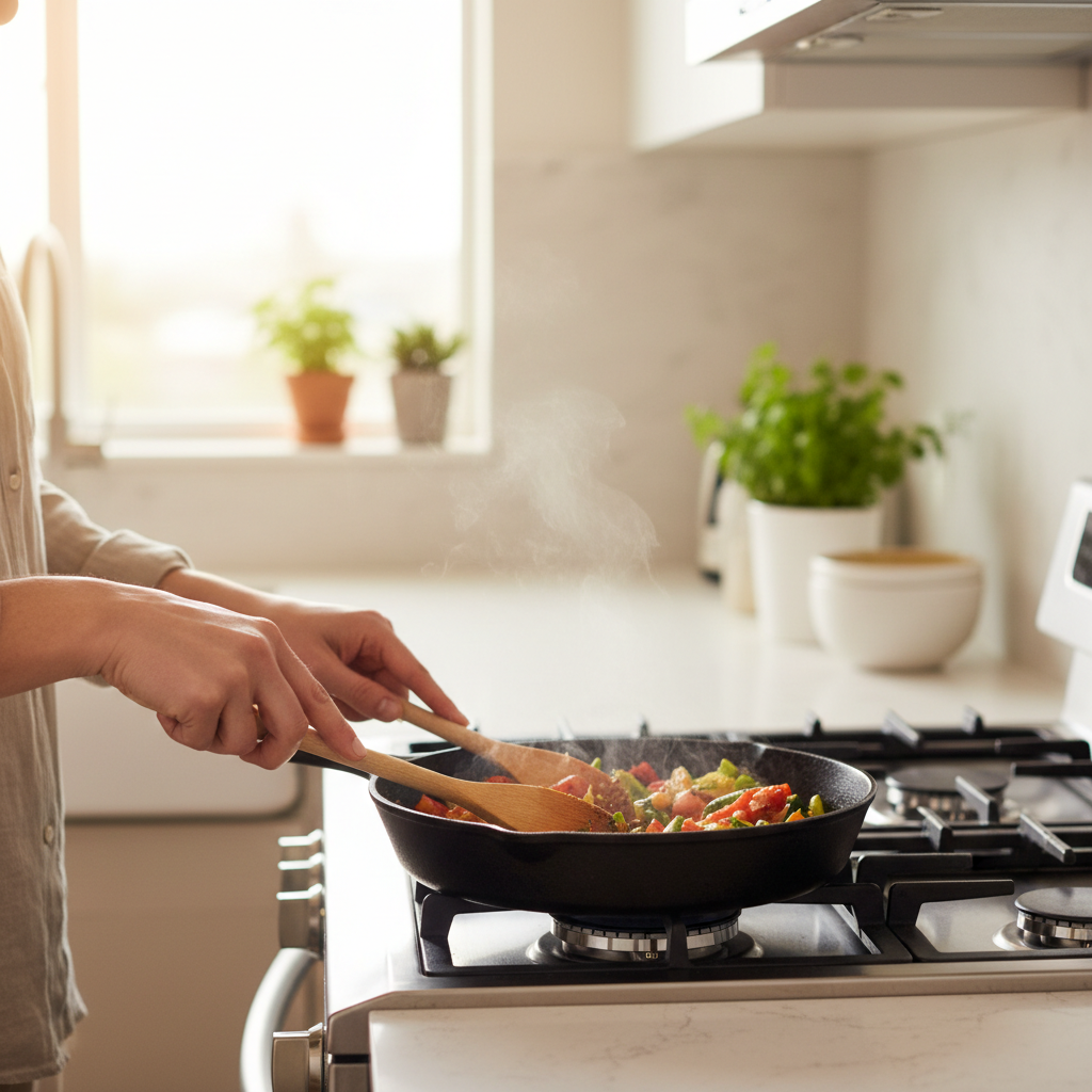 Wooden spatula and spoon used while cooking on a stovetop skillet