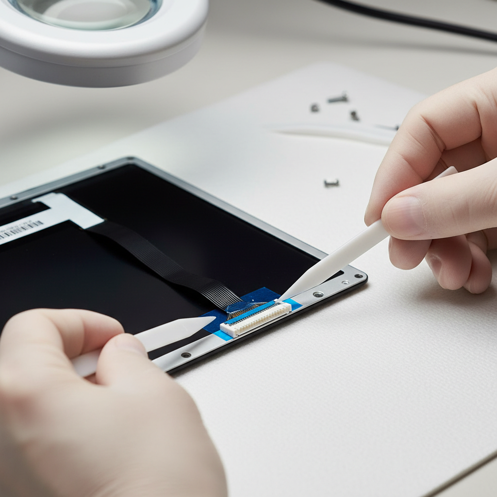 Close-up of laptop LCD eDP connector being disconnected safely