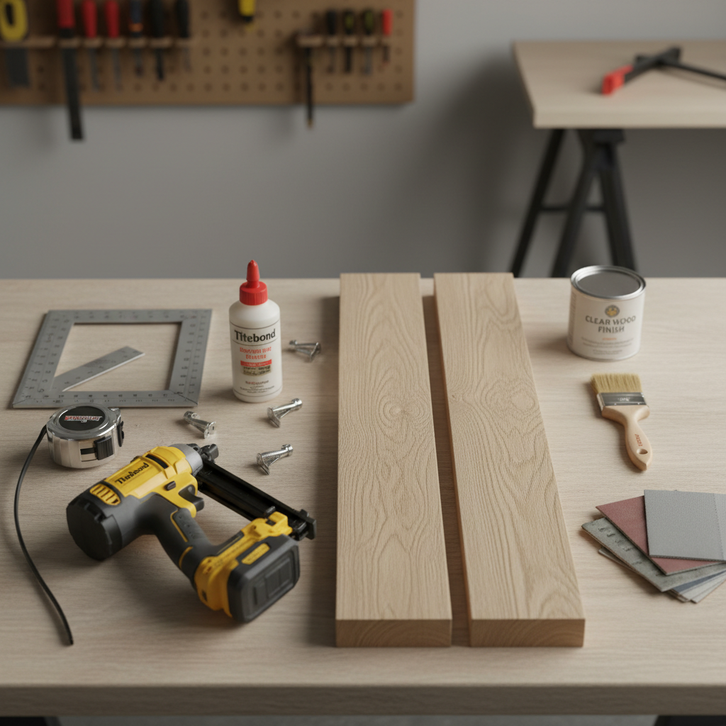 Tools and materials laid out for building a DIY wooden tray