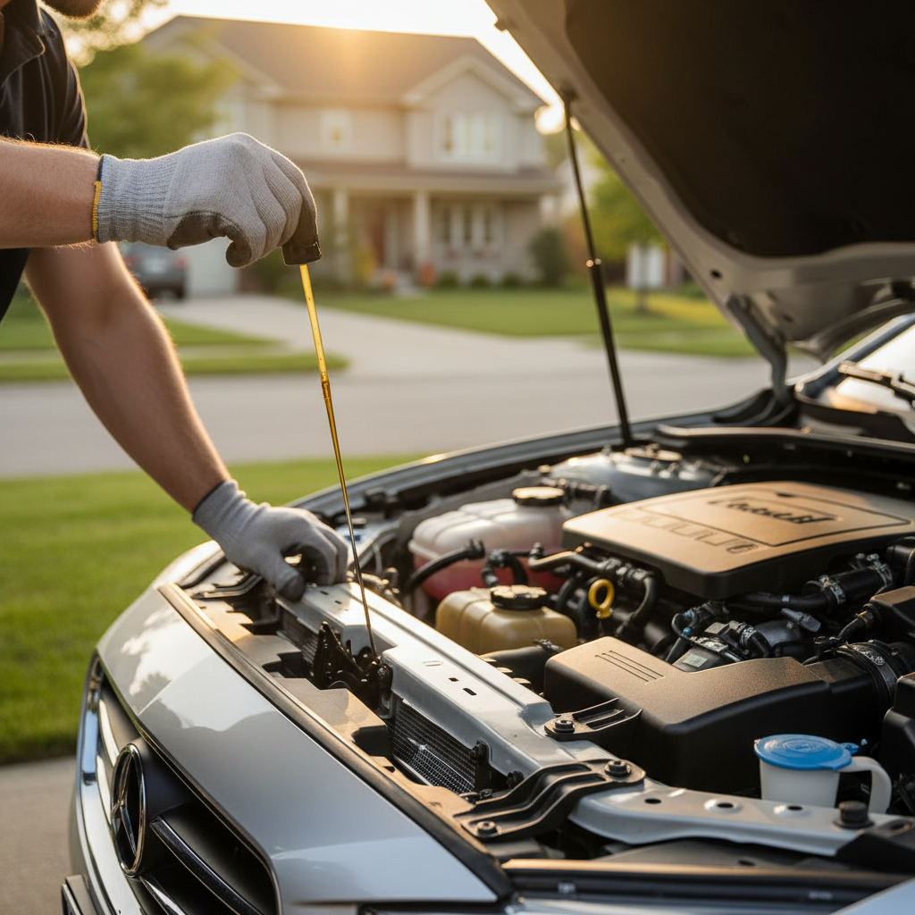 Checking engine oil on a dipstick in a driveway