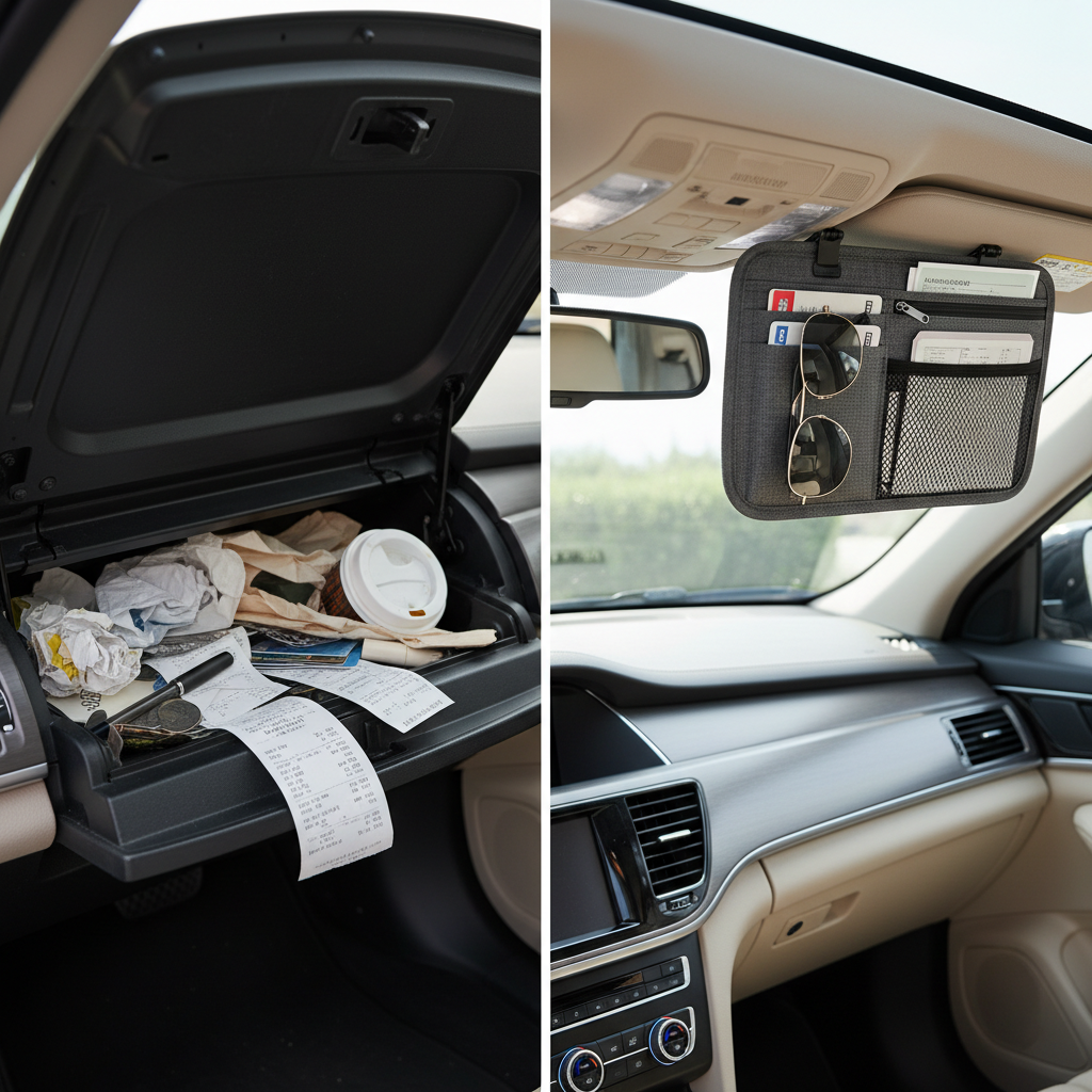 Comparison of a cluttered glovebox versus a neatly organized sun visor