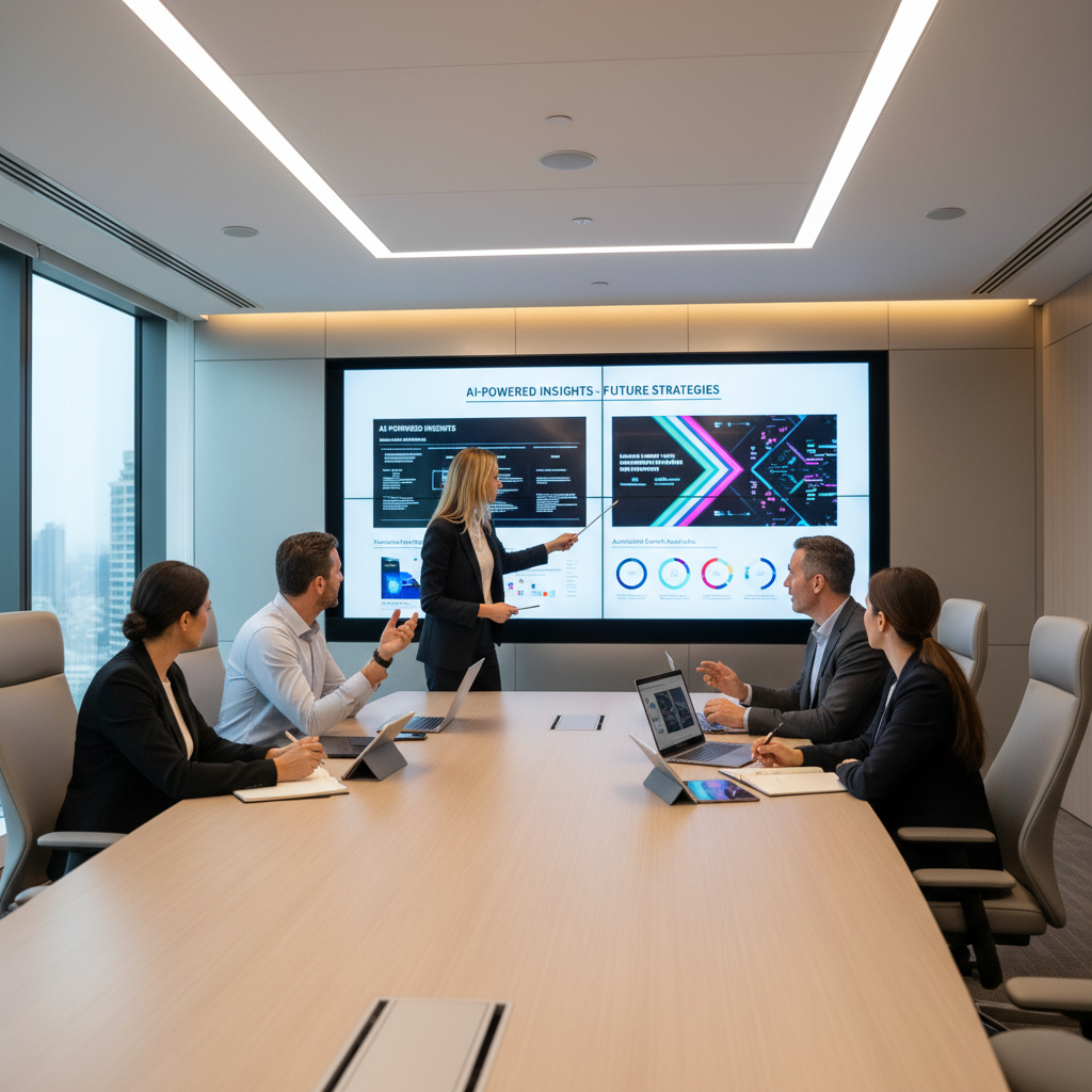 Team reviewing AI-generated slides in a conference room