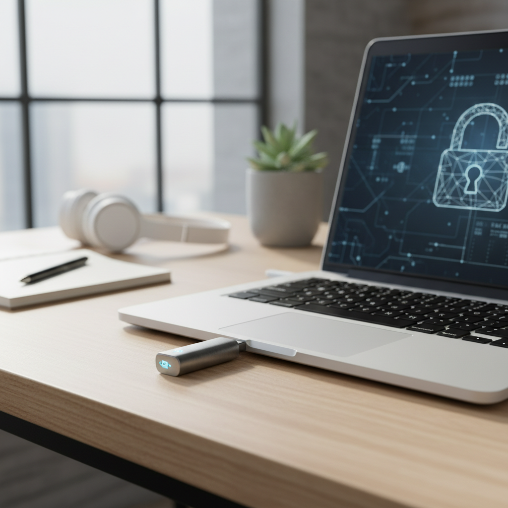 Encrypted USB flash drive with laptop for secure file storage