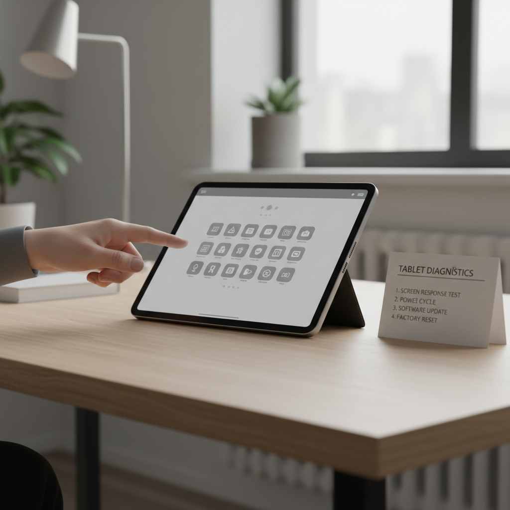 Tablet touch screen troubleshooting checklist on a desk
