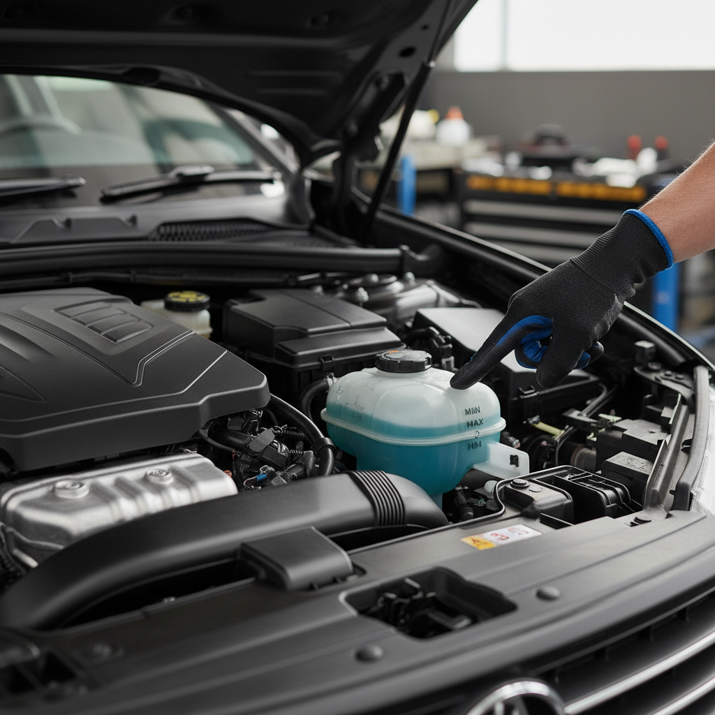 Checking a car coolant reservoir level against MIN and MAX marks