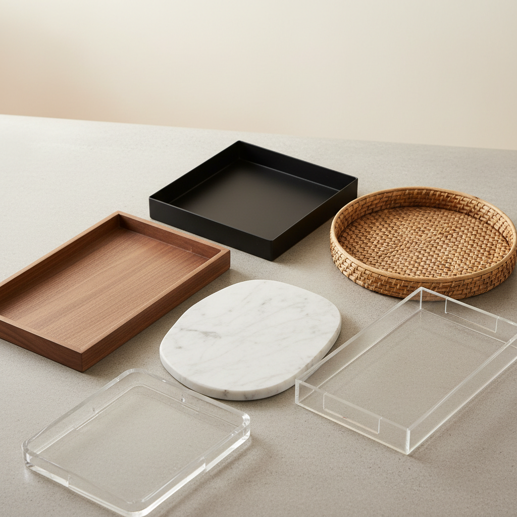 Close-up of different coffee table tray materials wood metal rattan marble acrylic