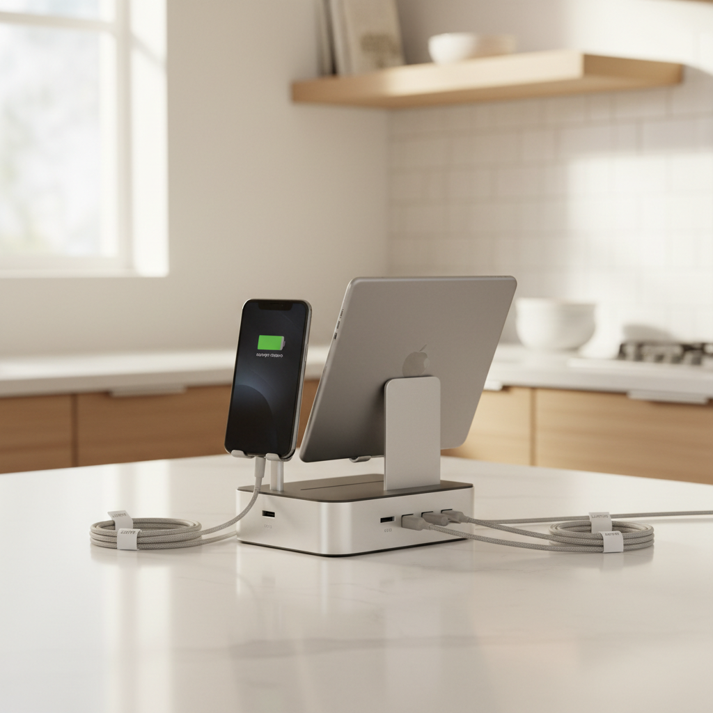 Organized multi-device charging station on a countertop with labeled cables