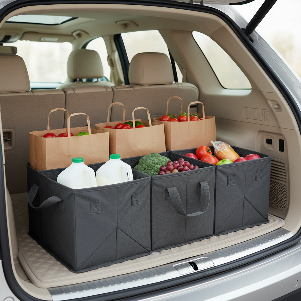 Grocery bags secured in trunk with a car storage organizer