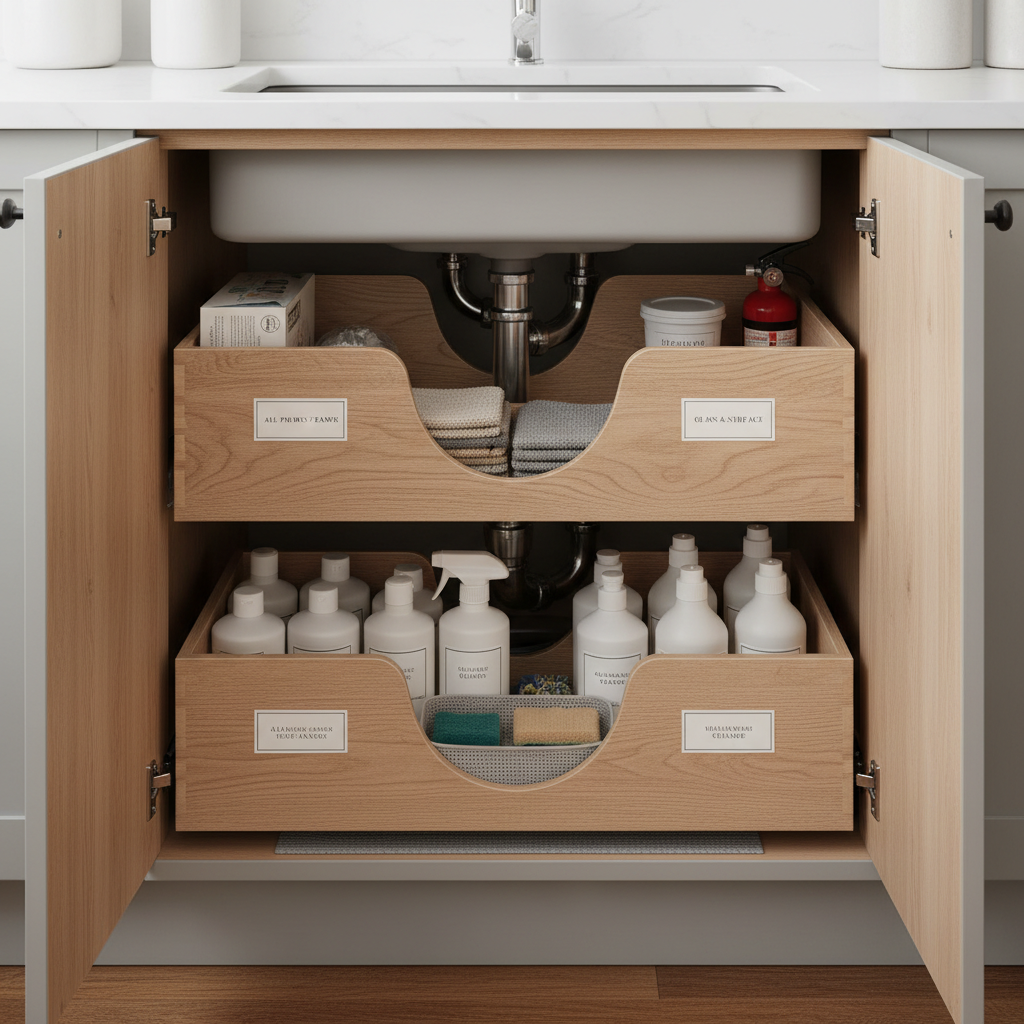 Organized under sink kitchen cabinet with pull-out drawers around plumbing