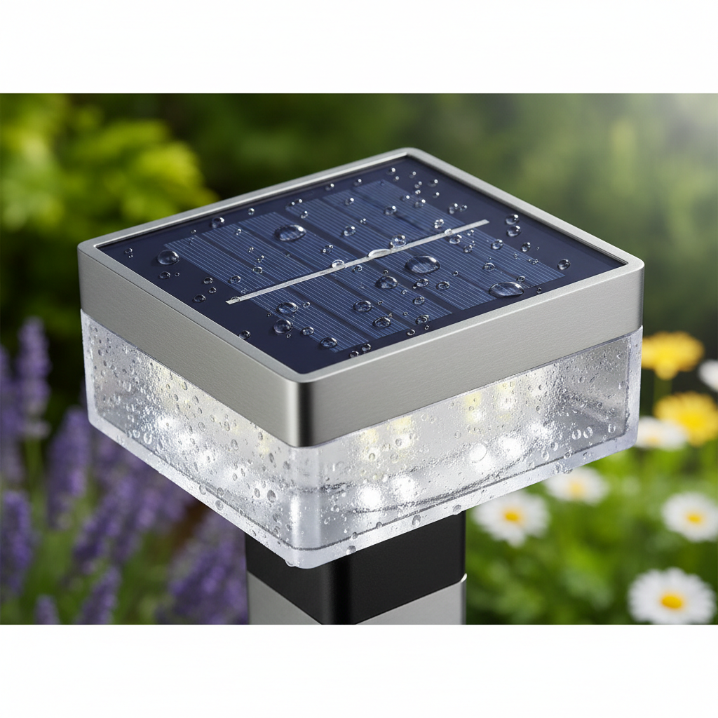 Close-up of solar panel and LED fixture showing outdoor weather resistance