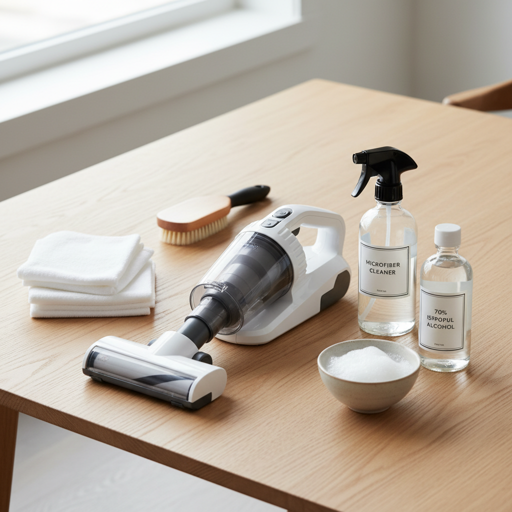 Microfiber couch cleaning supplies laid out: vacuum, white cloths, spray bottle, soft brush, rubbing alcohol