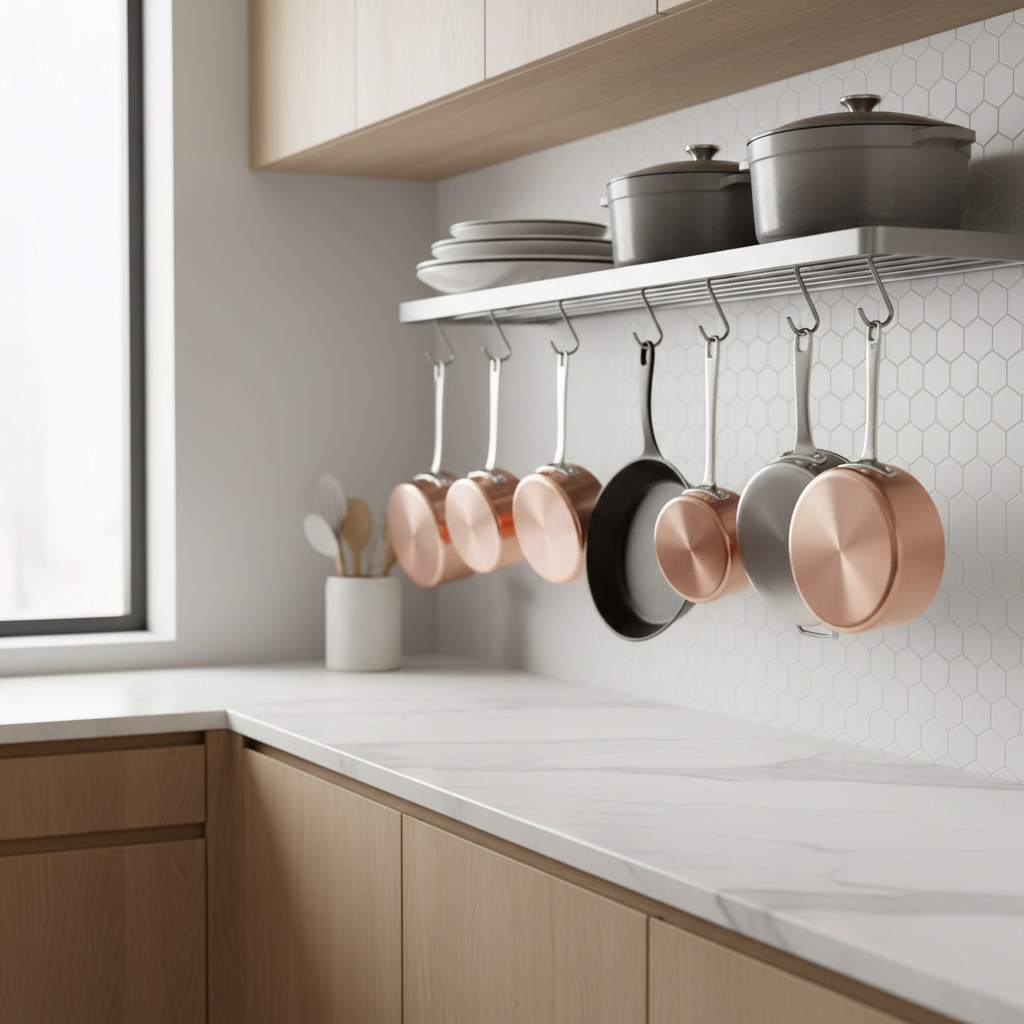 Organized wall mounted pot rack with pans and lids arranged by frequency of use
