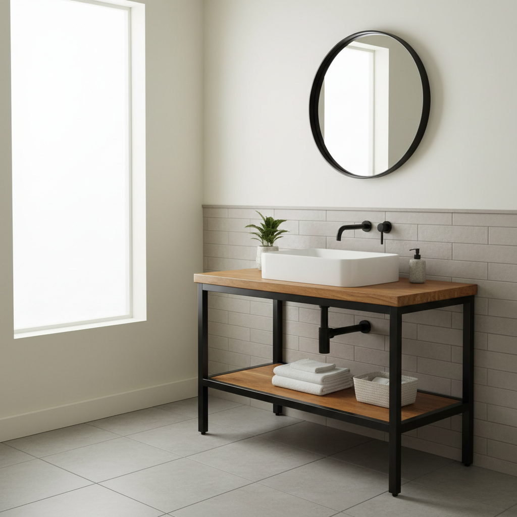 Industrial style bathroom vanity with ceramic sink in a modern bathroom