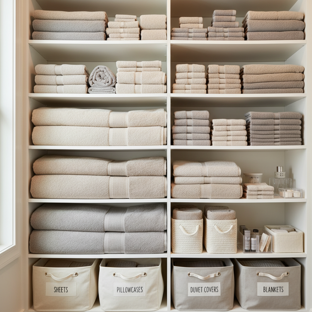 Neatly organized linen closet with labeled categories and towels sorted by size