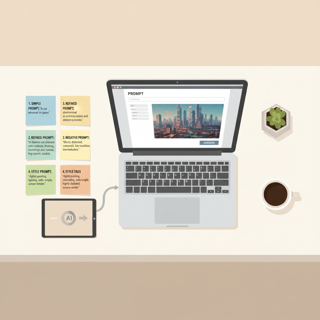 Prompting workflow for AI art generator with simple to advanced steps
