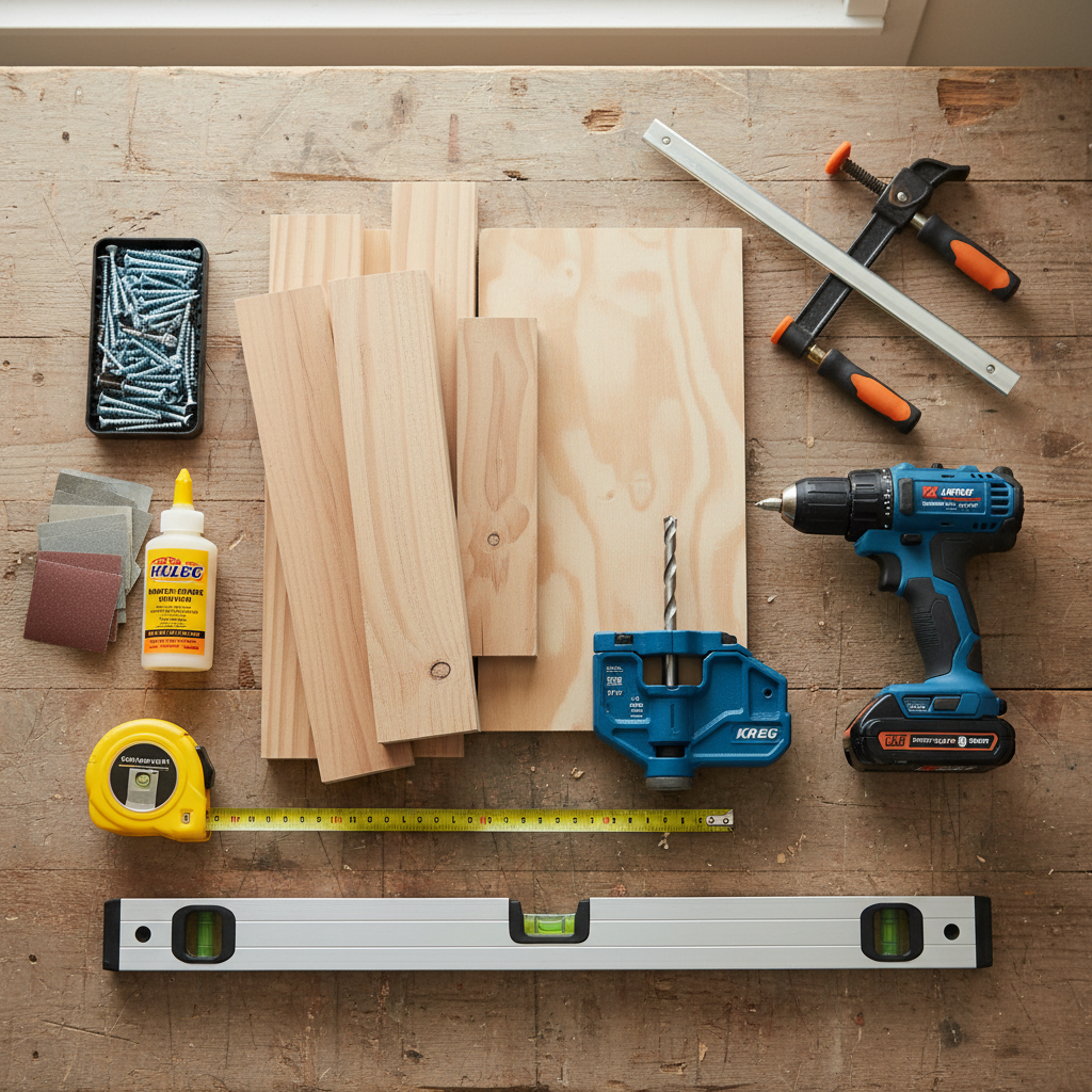 Tools and materials for building a DIY wooden floating nightstand
