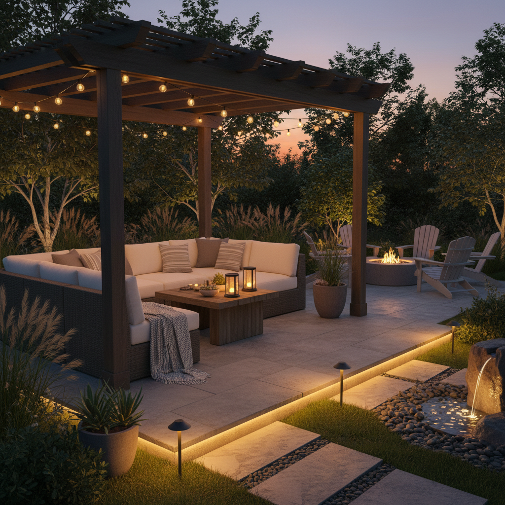 Solar powered outdoor lights illuminating a patio seating area at night