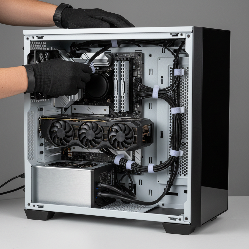 Desktop PC power supply and cable connections being inspected safely