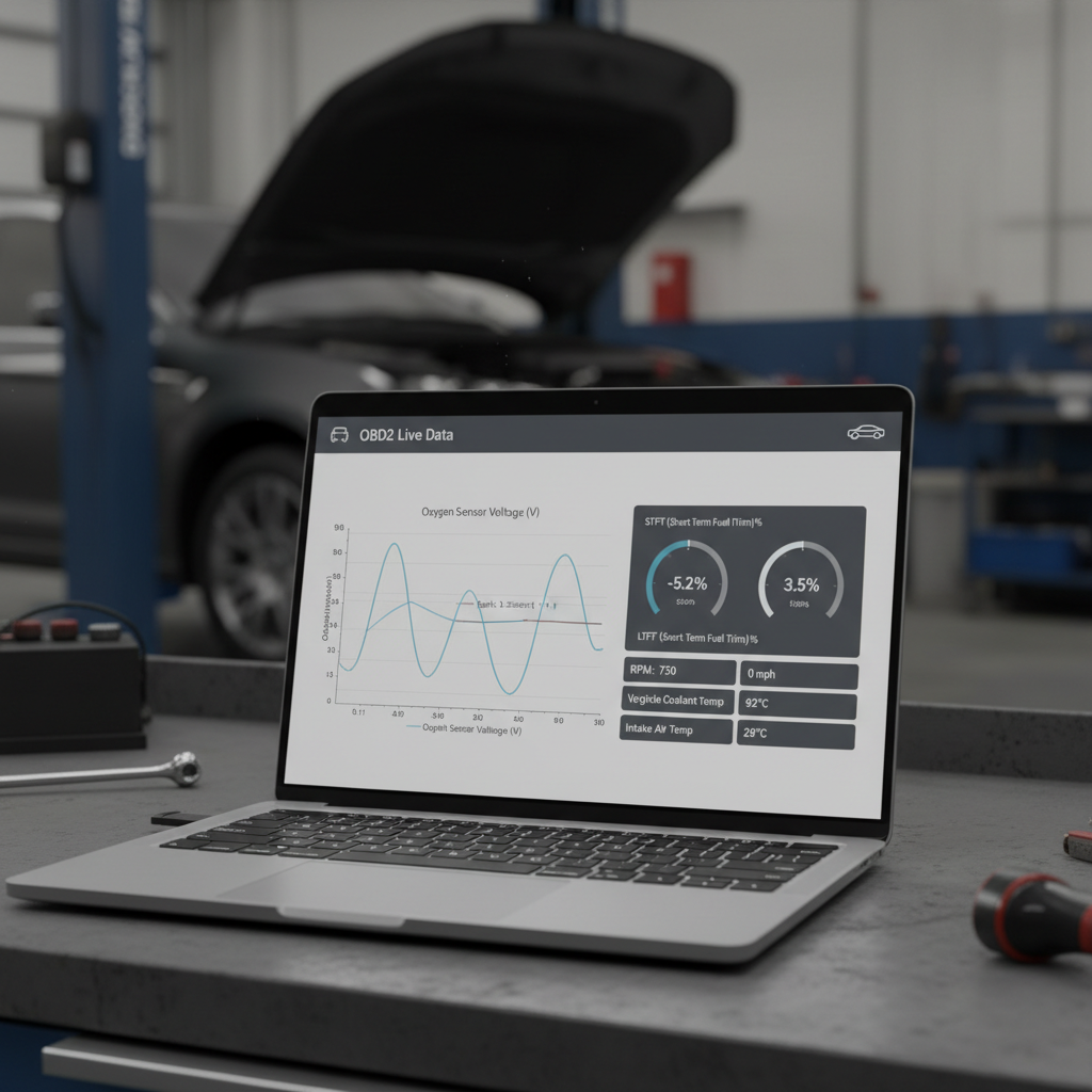 OBD2 live data graph showing oxygen sensor voltage switching and fuel trim values