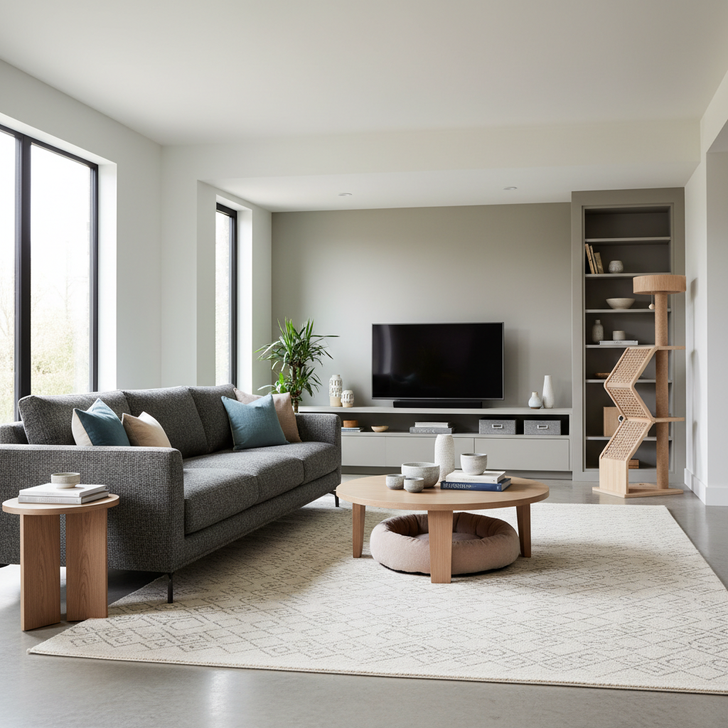 Living room with durable pet-friendly sofa fabric and washable rug