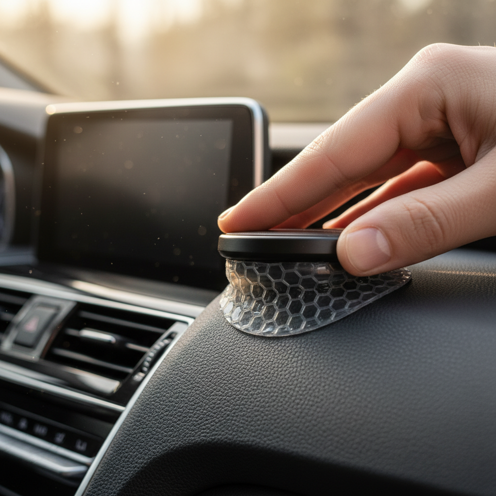 Close-up of adhesive dashboard phone mount base on textured dash