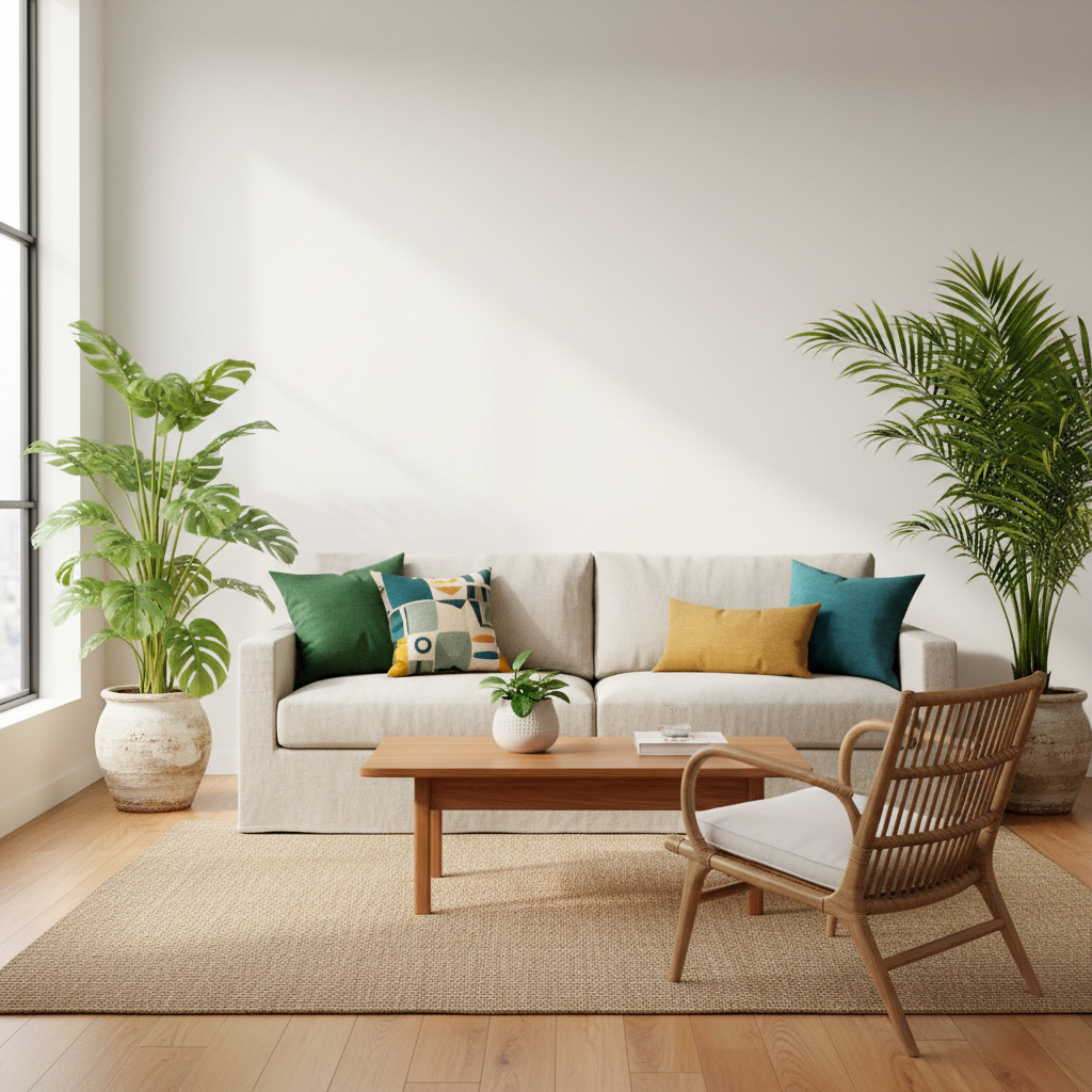 Bright tropical living room with natural rattan textures and leafy plants