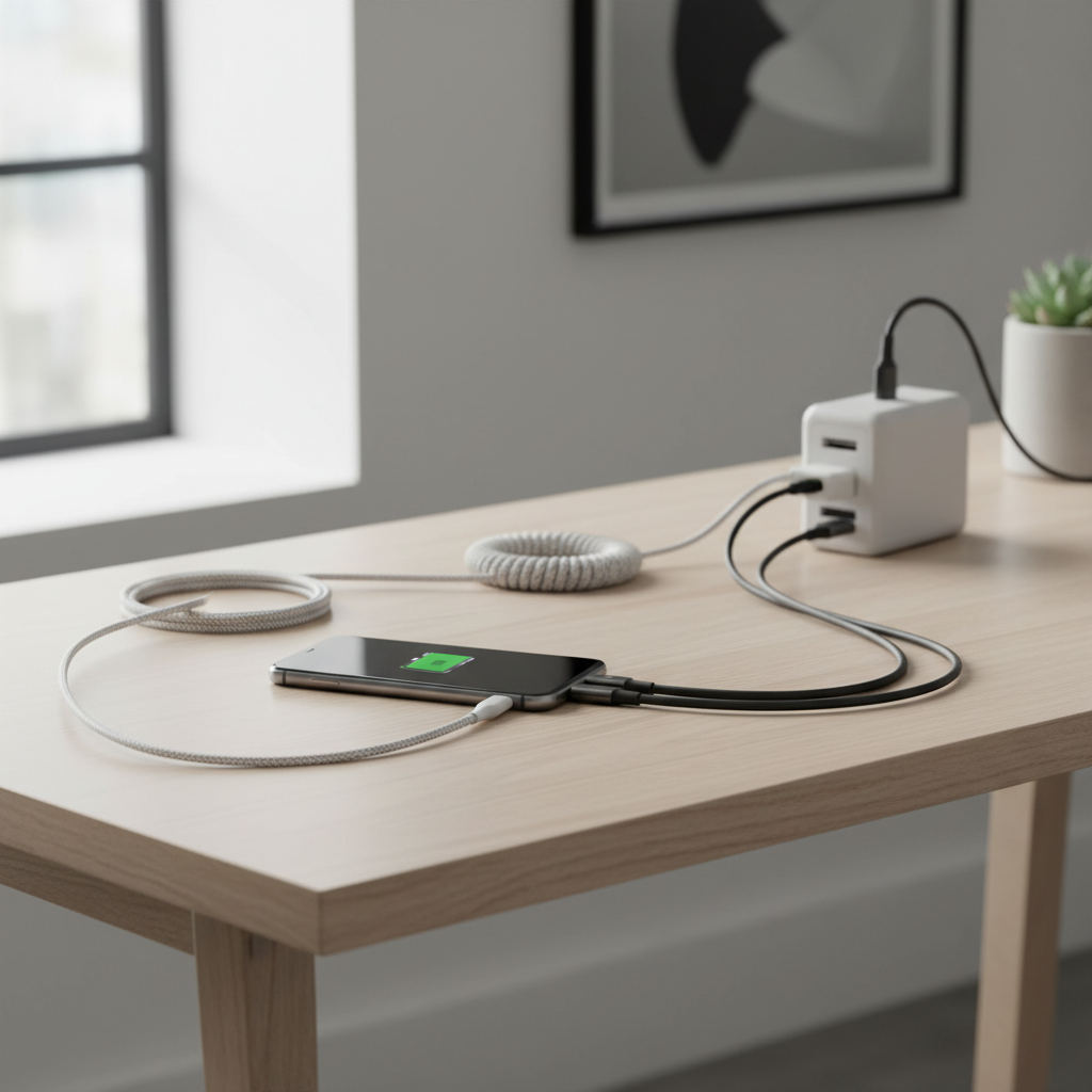 Smartphone charging slowly with different chargers and cables on a desk