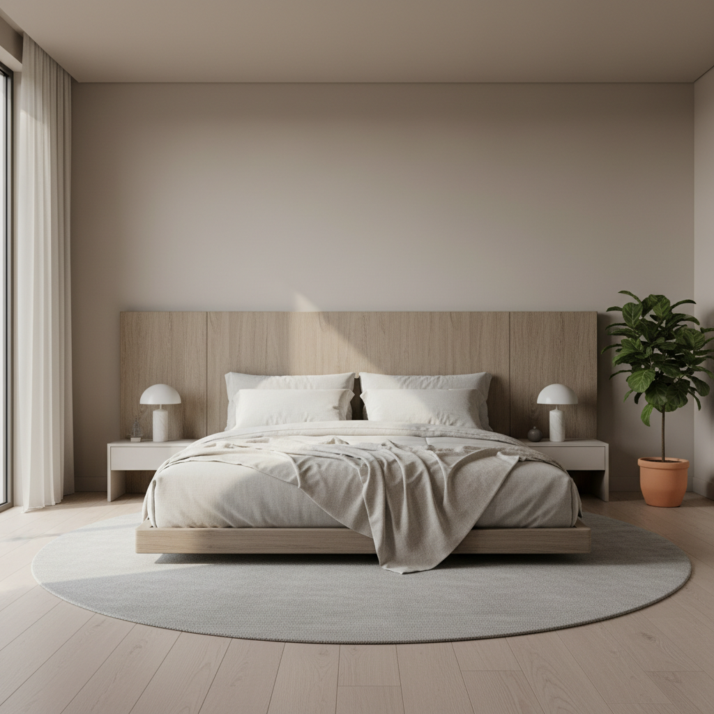 Fabric headboard cover concept on a modern bed with neutral bedding