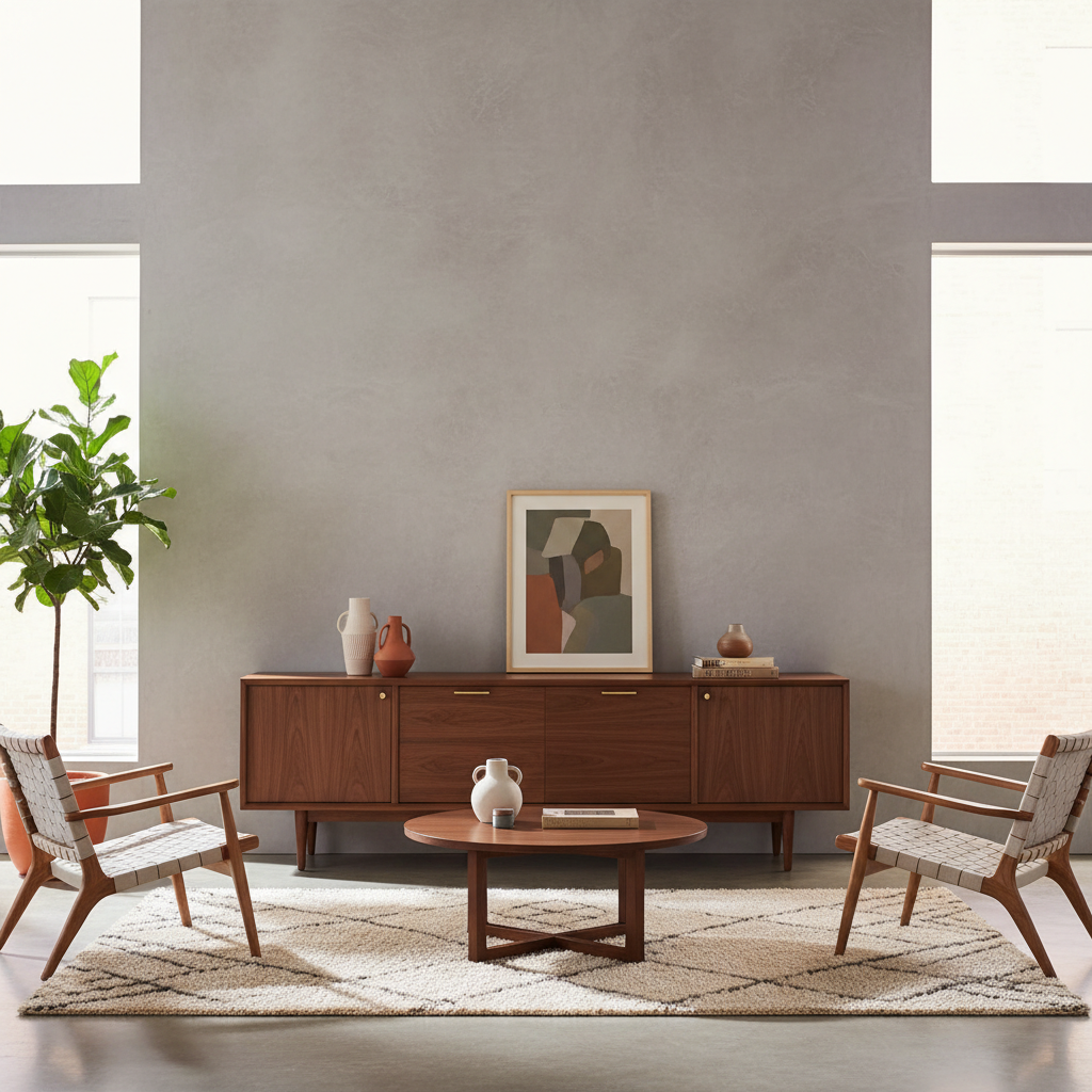 Mid-century modern living room with walnut furniture and clean-lined seating