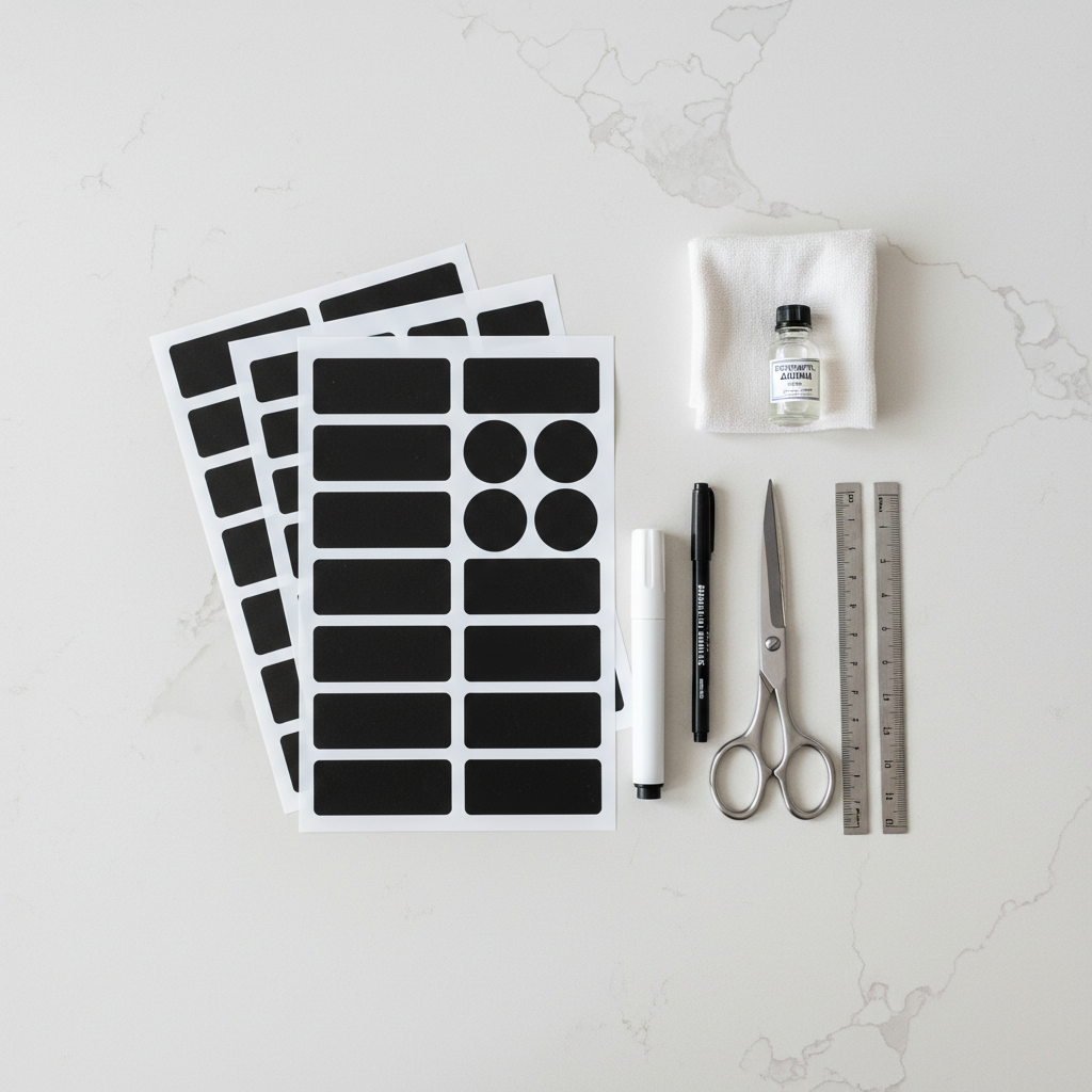 Chalkboard label tools including chalk markers, scissors, ruler, and label sheets on a countertop