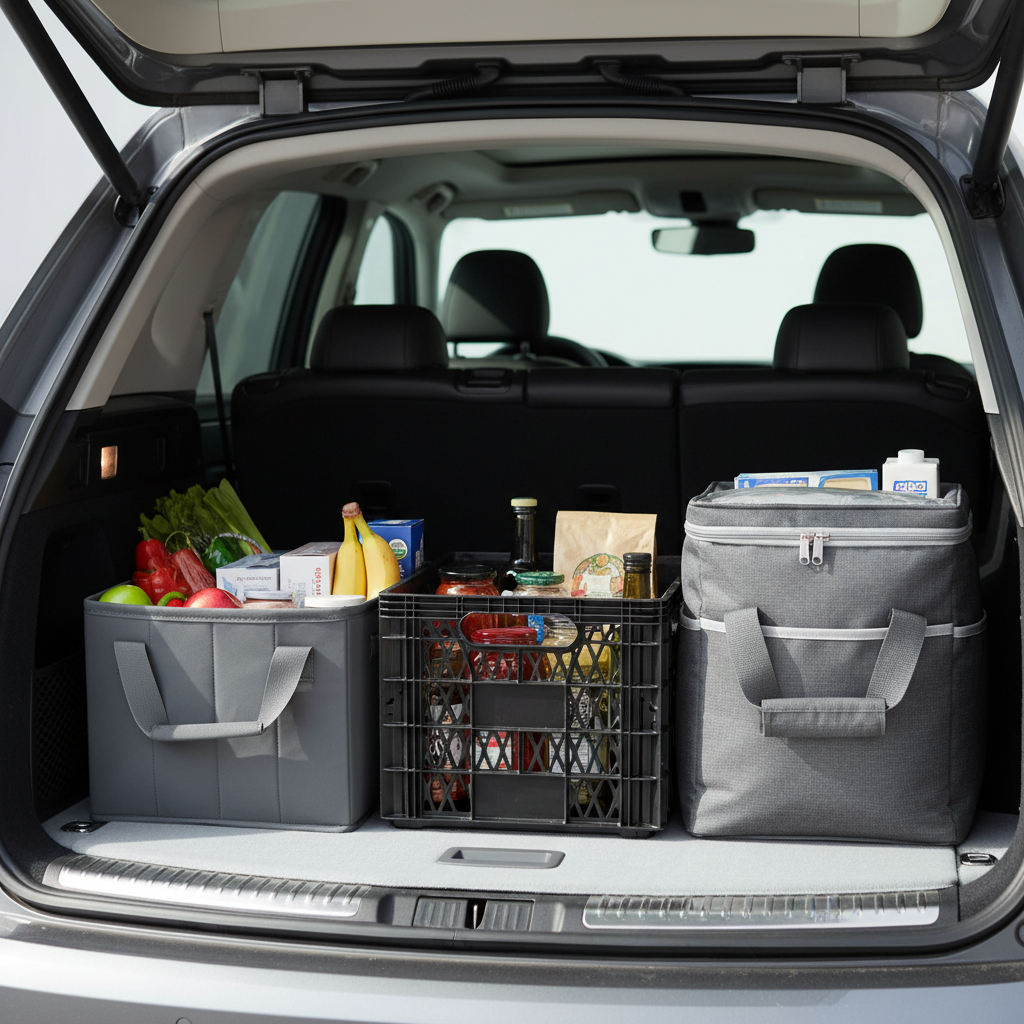 Comparison of trunk organizer styles for groceries in an SUV trunk