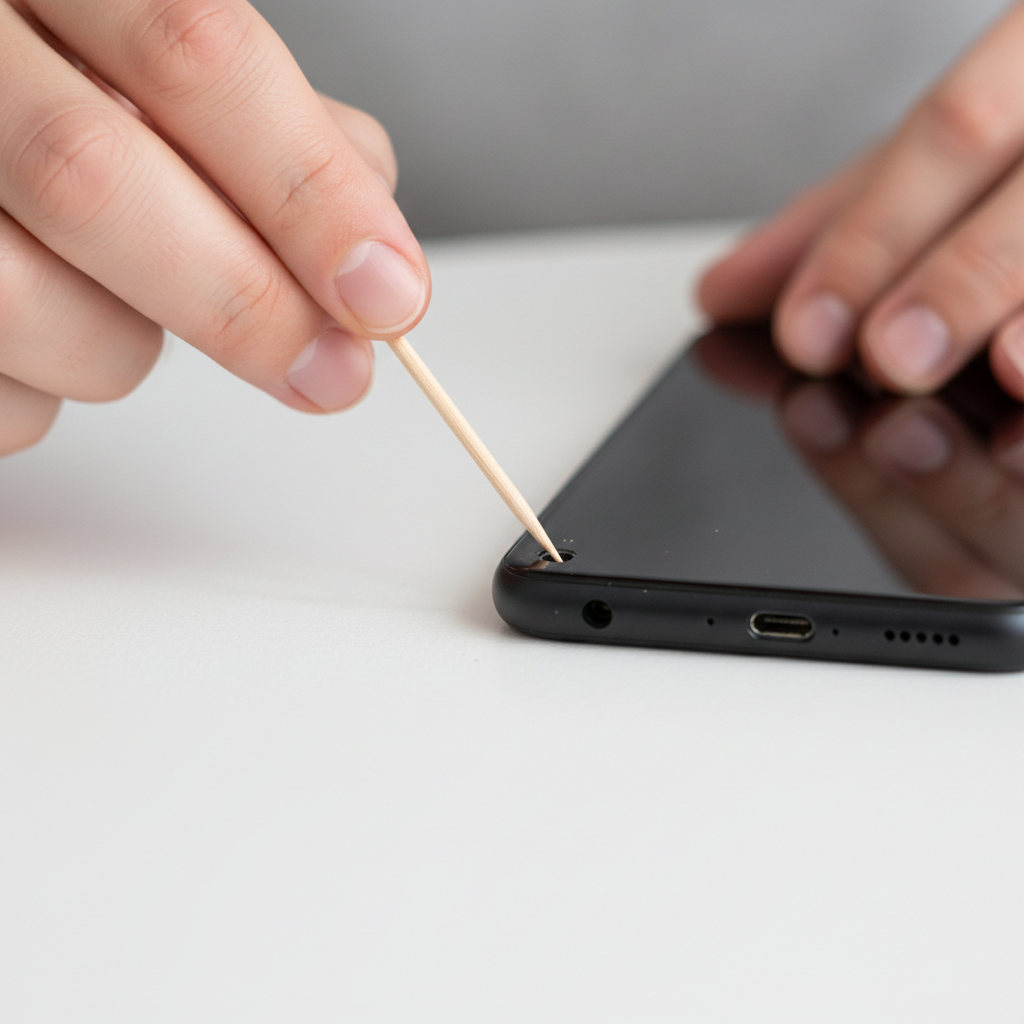 Gently cleaning a phone charging port with a wooden toothpick