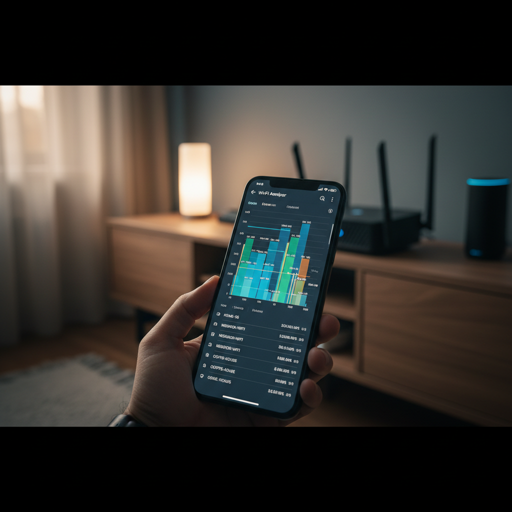WiFi channel interference visualization on a smartphone app at night