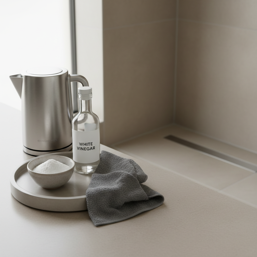 Baking soda and vinegar natural drain cleaning setup on bathroom counter