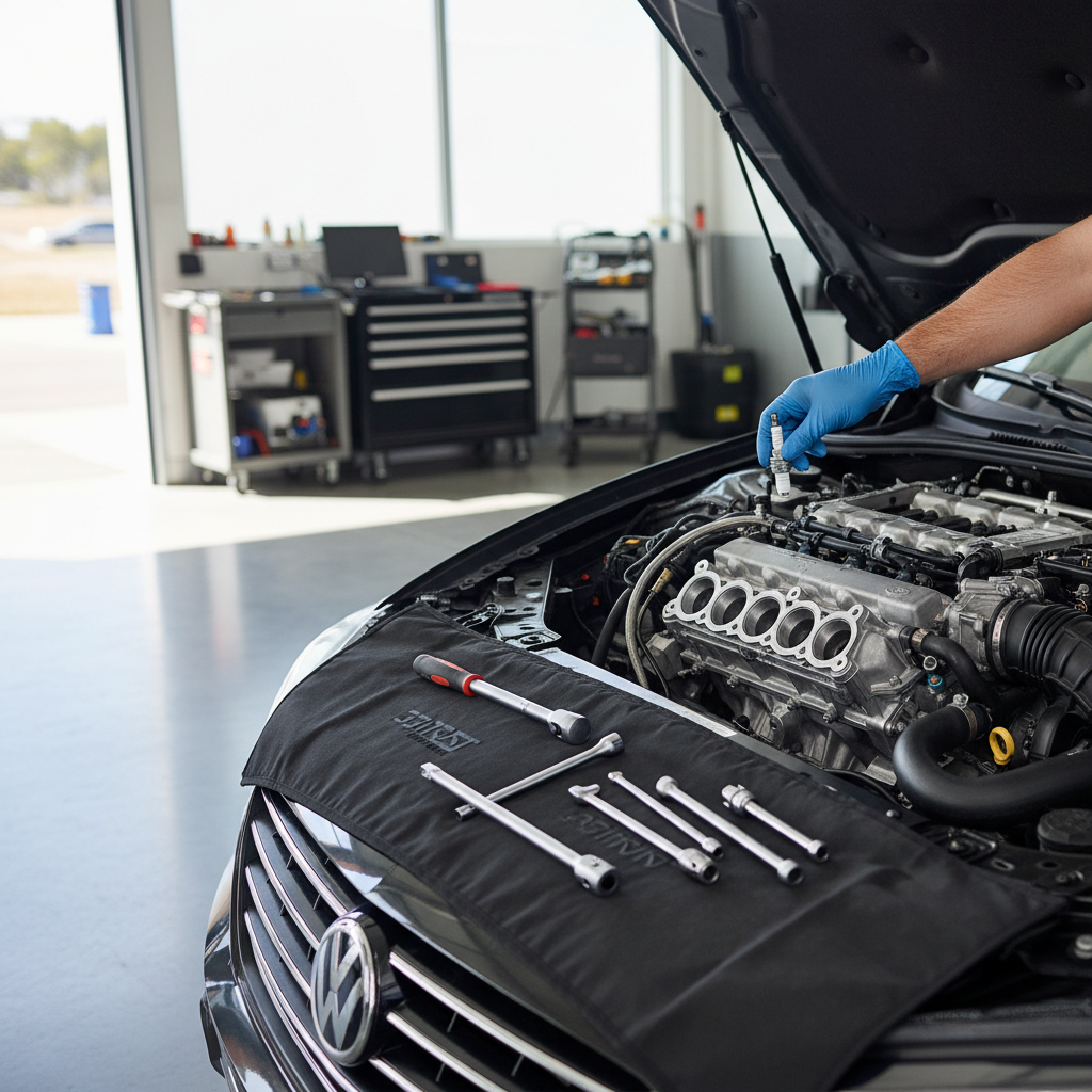 Spark plug inspection on a car engine with basic hand tools
