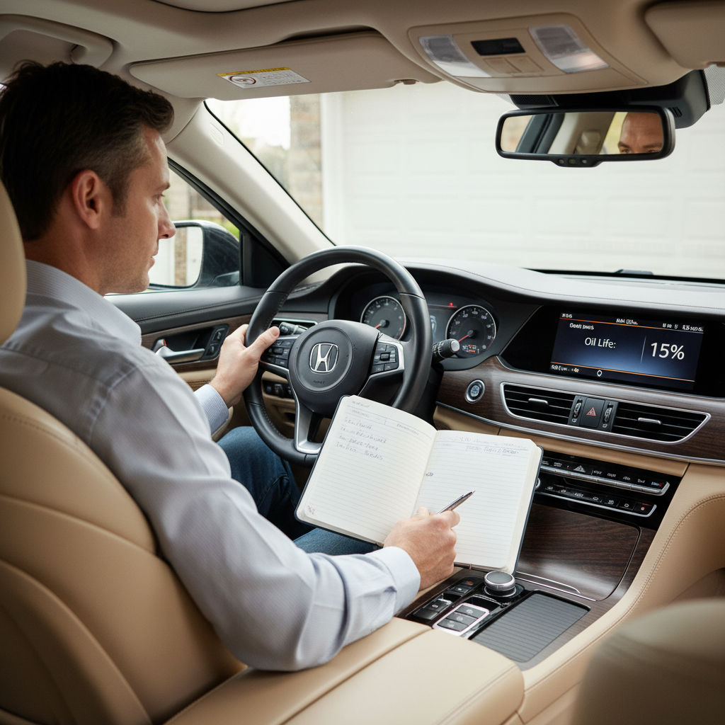 Driver reviewing oil life monitor and maintenance notes