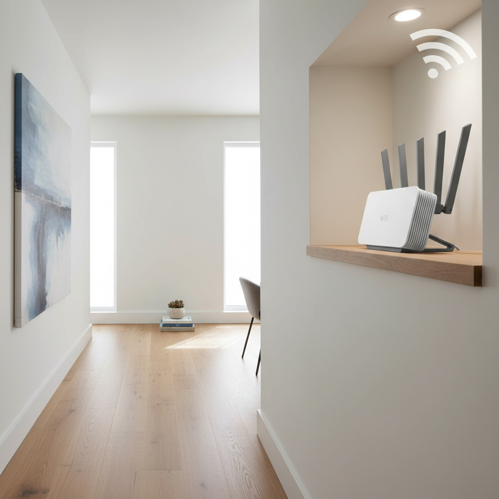 Wi-Fi router placed on a high shelf in a central hallway for better coverage