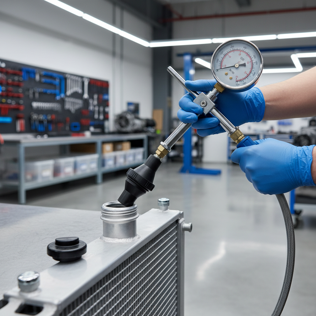 Cooling system pressure test tool attached to radiator neck for leak diagnosis