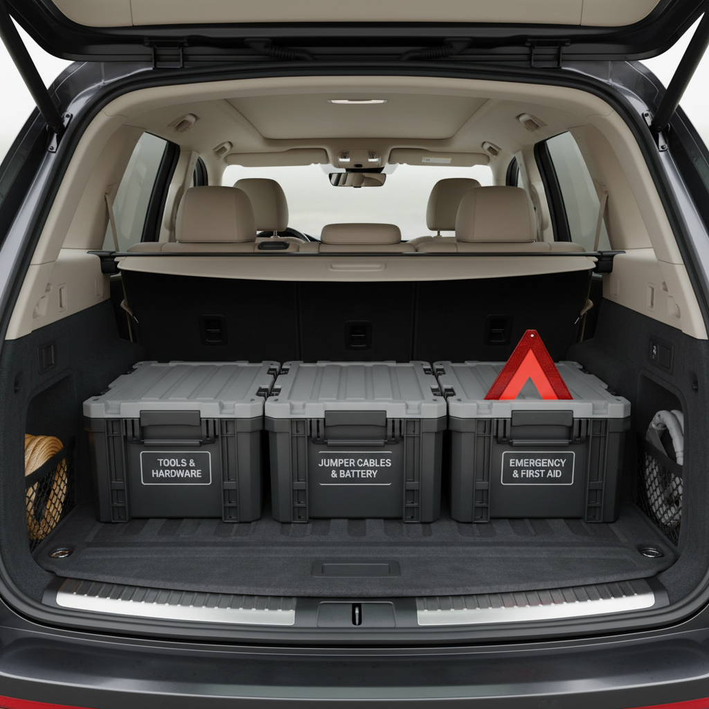 Organized car trunk with labeled storage boxes for tools and emergency gear