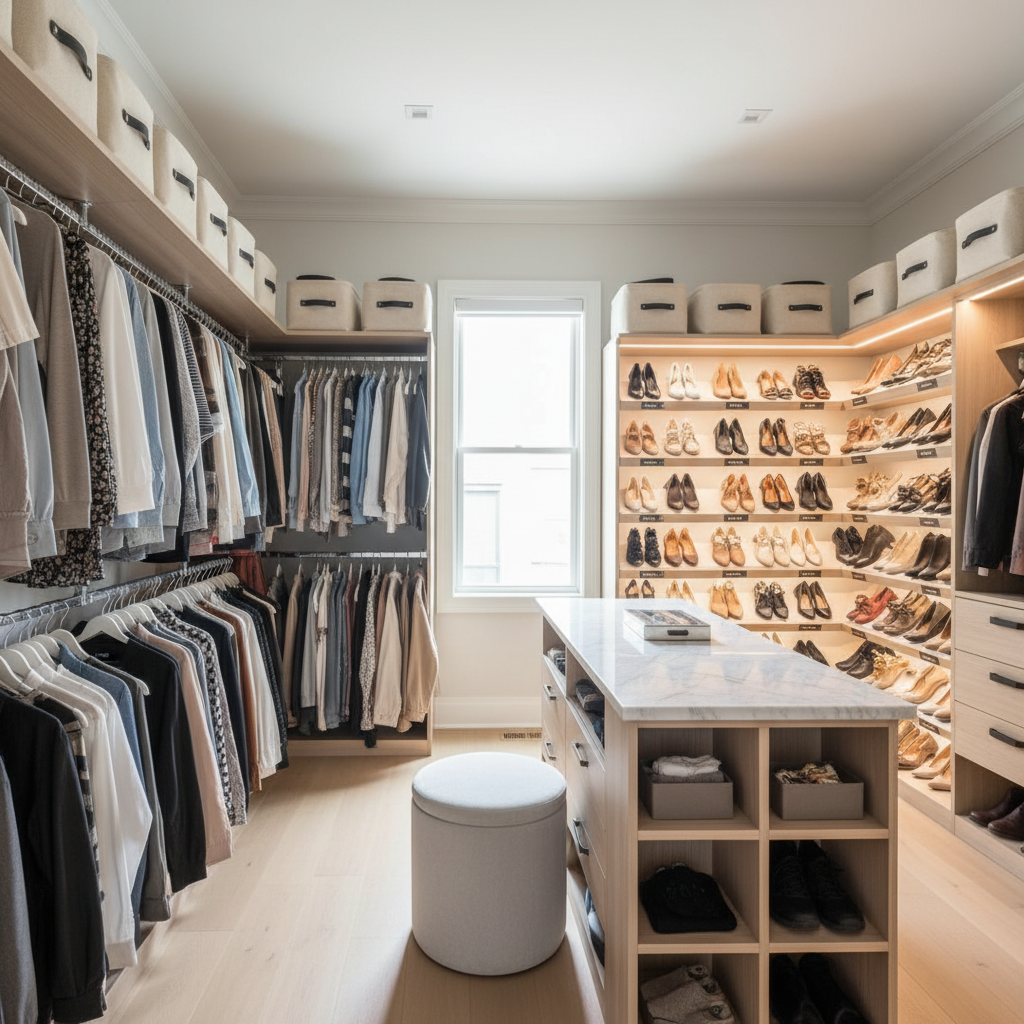 Bright modern walk-in closet with clear zones for hanging, shelves, and shoes