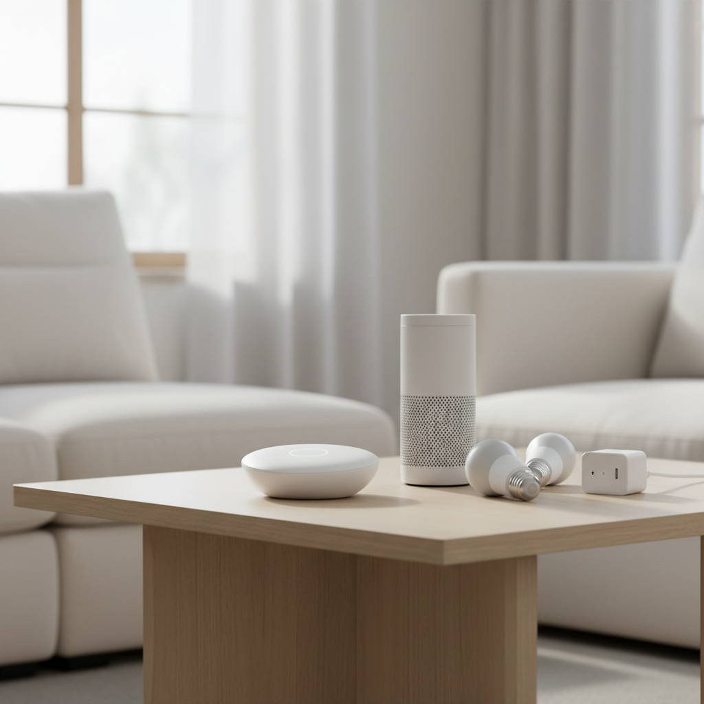 Beginner-friendly smart home starter kit on a living room table with hub, bulbs, and smart speaker